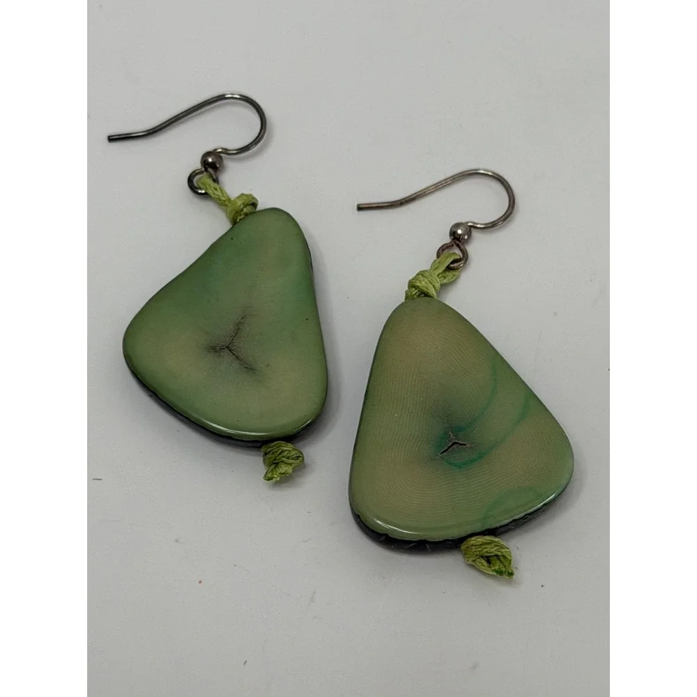 Artisan Tagua Nut Drop Earrings Sage Green Organic Vegetable Ivory Boho Dangle